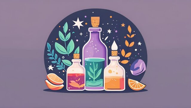 Logo pushing towards vector art of bottles of essential oils for aromatherapy, wellness, spirituality or healing center