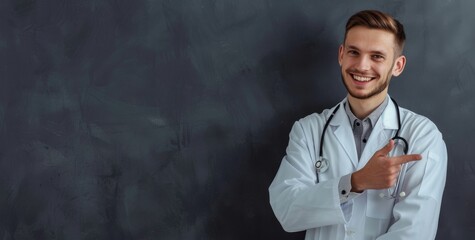 Handsome young doctor in a white coat holding a stethoscope pointing his finger. Smiling male doctor with stethoscope in medical coat pointing finger against gray background