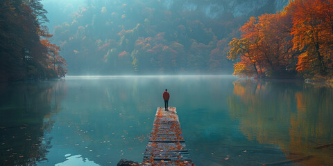 Man standing on dock in middle of lake in autumn forest surrounded by vibrant fall colors