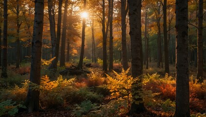 Obraz premium A forest during golden hour, where the setting sun casts a warm, golden glow over the multi-colored leaves ai_generative