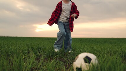 child kid baby girl run across green lawn sunset, kicking soccer ball, playing football field, childhood dream happy kid, youth soccer training, outdoor sports activity, field sports equipment - obrazy, fototapety, plakaty
