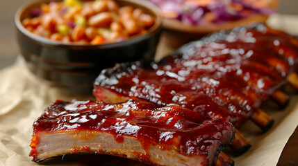 Closeup barbecued ribs with beans