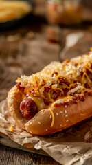 Hot dog with sauerkraut and melted cheese