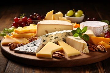 An exquisite selection of various cheeses displayed on a wooden board, accompanied by grapes, nuts, and fresh basil, captured in a closeup view.