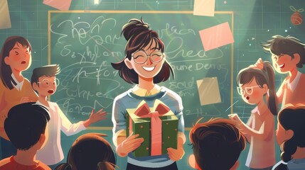 The elementary school teacher receives a gift from her students, surrounded by them and smiling