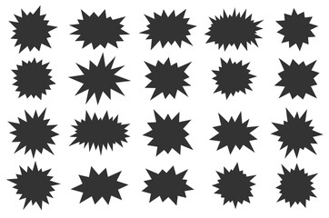 Multiple black starburst shapes are uniformly arranged against a white background, creating a monochromatic, geometric pattern. - obrazy, fototapety, plakaty