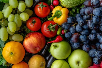 A colorful array of fresh fruits and vegetables featuring grapes, tomatoes, apples, and peppers, amongst others.