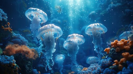 Blue sea bottom, vista, there are beautiful corals on the sea bottom, the sea floor is wide, clean, glowing jellyfish swimming in the water