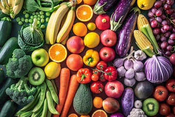 A vibrant display of various fresh fruits and vegetables arranged by color, showcasing a spectrum from greens to purples.