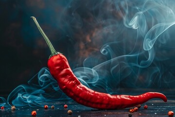 A vibrant red chili pepper stands out amidst swirling smoke, scattered peppercorns, and a moody, dark background.