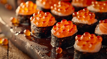 Sushi rolls with salmon roe on a wooden table. Close-up of fresh sushi and caviar in an elegant healthy Japanese meal in an upscale restaurant.