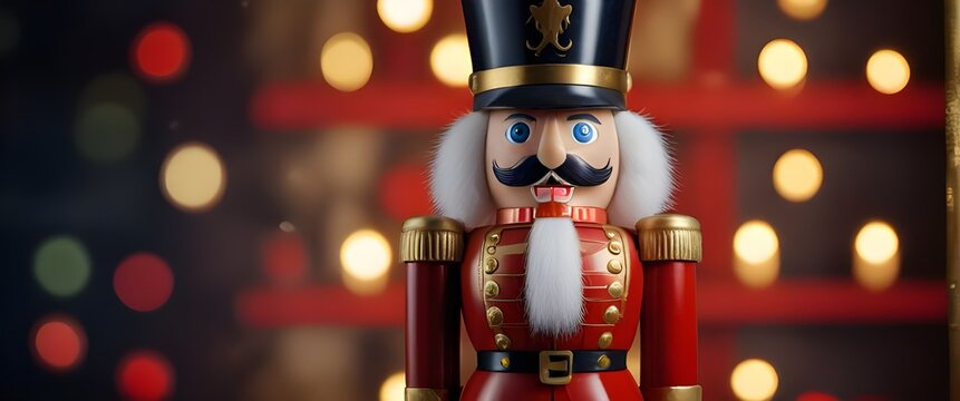 Traditional nutcracker soldiers decoration on Christmas festive background. Generative AI
