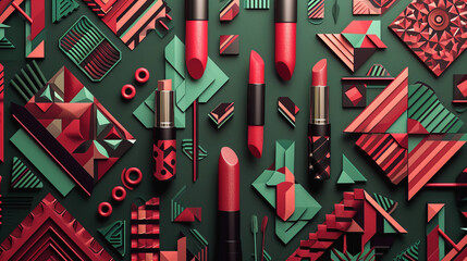 Mouth with Red Lipstick on Background of Abstract Green Geometric Shapes