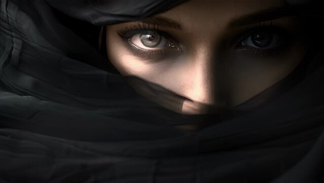 A figure cloaked in shadows the only visible feature a pair of intense eyes that convey a sense of boldness and daring. The soft elegant d of fabric in the background adds to the overall .