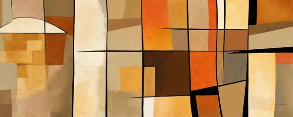 Cubist warm neutrals painting made with digital art sponging on canvas. Contemporary painting. Modern poster for wall decoration