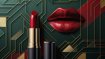 Magnetic Red Lipstick on Dark Green Geometric Abstract Background