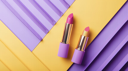 Red and Light Red Lipsticks on Abstract Background of Violet and Yellow Cutouts: Artistic Composition