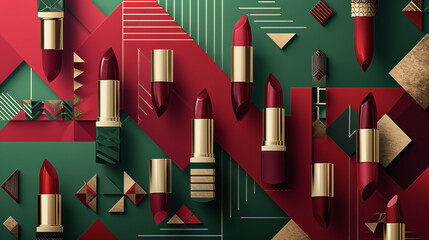 Magnetic Red Lipstick on Dark Green Geometric Abstract Background