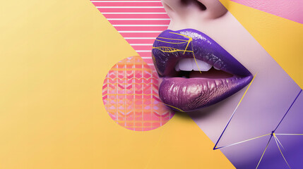 Profile with Mouth Wearing Metallic Violet Lipstick with Shine, Background of Colorful Cutouts for Copy Space