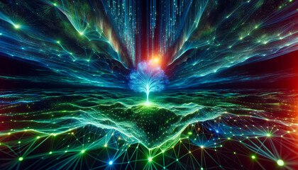 Digital tree of light in a data landscape, symbolizing knowledge, interconnectivity, and technological growth.

