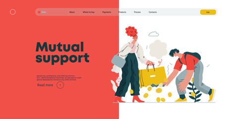 Mutual Support: Pick up fallen item -modern flat vector concept illustration of man collecting fruits that fell from woman's bag A metaphor of voluntary, collaborative exchanges of resource, services