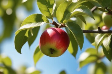 Red apples on tree ready to be harvested. Ripe red apple fruits in apple orchard. Selective focus.