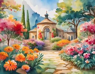 Naklejka premium Elegant garden with bright flowers in full bloom, captured in a watercolor painting