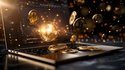 Laptop with digital crypto coins and stock market graphics on the screen, surrounded by floating golden bitcoins