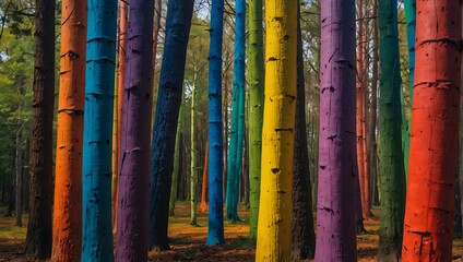 Obraz premium A surreal forest where each tree trunk is painted a different bright color, creating a lively rainbow effect ai_generative