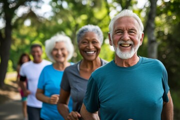 Portrait of happy senior couple running in park with group of friends