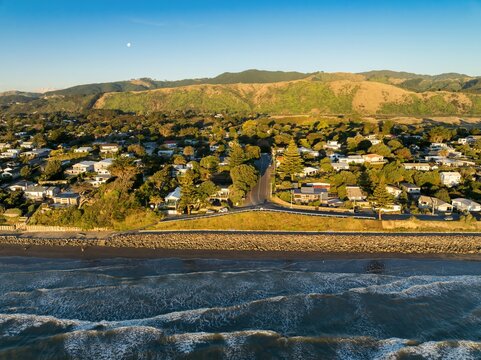 Beach front of Raumati. In the background is Kapiti Island. Paraparaumu, Wellinton, New Zealand.