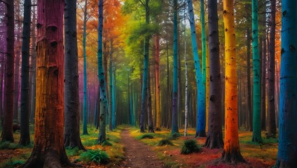  A surreal forest where each tree trunk is painted a different bright color, creating a lively rainbow effect ai_generative