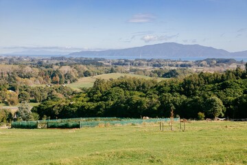 View to Kapiti Island from a farm in Waikanae, Wellington, New Zealand.