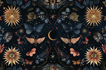 Floral pattern with butterflies, bats, flowers, crescent moon on dark background