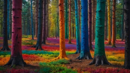 A surreal forest where each tree trunk is painted a different bright color, creating a lively rainbow effect ai_generative