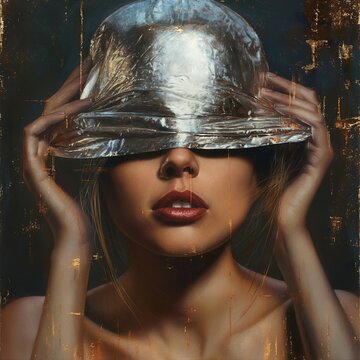 Fashion portrait of young sexy woman in metal helmet on dark background. Beauty and fashion.