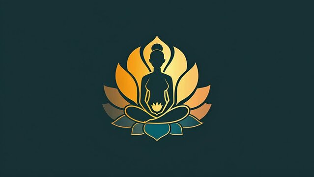  Pushing towards a golden logo of buddha meditating sitting in a lotus flower. Logo for wellness, massage or spirituality center.