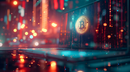 Obraz premium digital bitcoin on laptop screen with glowing data and binary code background in blurry city street lights background online trading, market analysis or crypto business