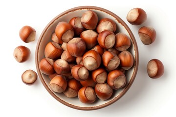 A bowl of nuts is on a white background. The bowl is filled with nuts, and there are many of them