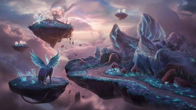 Unearthly landscape in fantasy style. A charming and mysterious atmosphere that captivates you into the cloudy world of colorful dreams. AI generated.