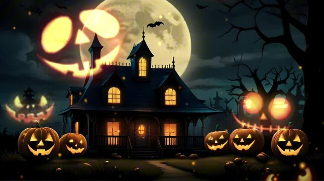Spooky Halloween House at Night with Pumpkins: Horror Animation Background,Halloween party decorations, spooky-themed video backgrounds, horror movie sets, haunted house attractions