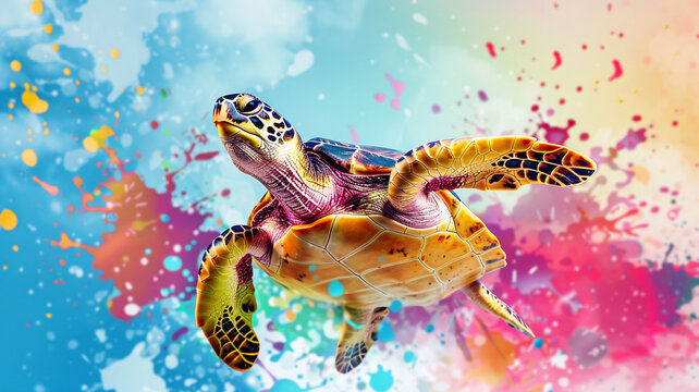 a colorful background with a dynamic 3D illustration of a turtle with a paint splash technique.