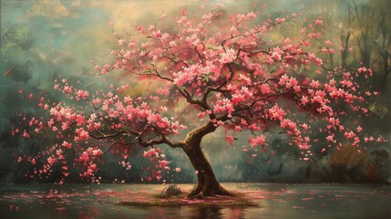 Tree with pink blossoms by a pond