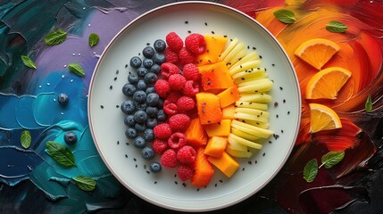 Plate with fresh fruit salad on color background, closeup. Healthy food