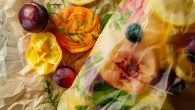 Closeup of a thin paperlike sheet of edible packaging featuring a colorful design of fruits and vegetables. The sheet is wrapped around a loaf of bread acting as both a sustainable .