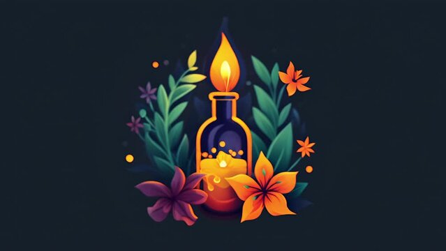 Logo focusing on vector art of a bottle of essential oils burning with a flame surrounded by flowers for aromatherapy, wellness, spirituality or healing center