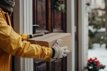 Professional delivery service. hands placing package near the door for efficient and timely arrival