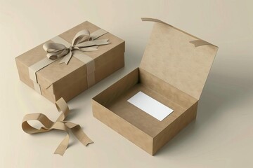 open gift box with brown paper and business card on light background 3d rendering