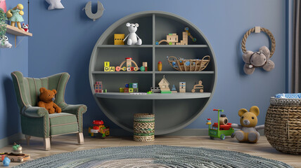 Cozy interior design for a child's room featuring a round shelf, a gray desk, an armchair in green, a blue wall, a braided rug, block toys, stuffed animals, a braided basket, and unique decor.