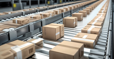 Cardboard Boxes Moving on Conveyor Belt in Distribution Warehouse. E-commerce Order Fulfillment Process: Packages on Conveyor Belt